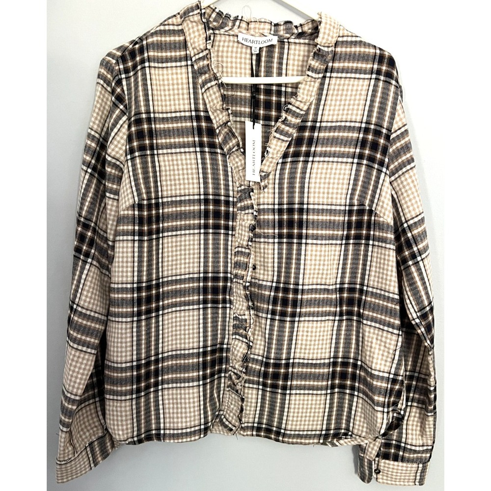 Heartloom Shirt Womens M Beige Black Plaid Ruffle Trim V Neck Long Sleeve NWT